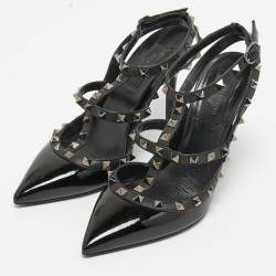 Pre Owned Valentino Black Patent and Leather Rockstud Ankle Strap Pumps Size 38