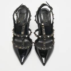 Pre Owned Valentino Black Patent and Leather Rockstud Ankle Strap Pumps Size 38