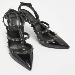 Pre Owned Valentino Black Patent and Leather Rockstud Ankle Strap Pumps Size 38
