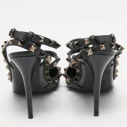 Pre Owned Valentino Black Patent and Leather Rockstud Ankle Strap Pumps Size 38