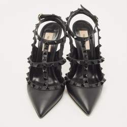 Pre Owned Valentino Black Leather Rockstud Ankle Strap Pumps Size 38