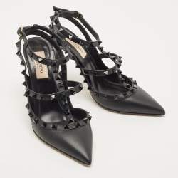 Pre Owned Valentino Black Leather Rockstud Ankle Strap Pumps Size 38
