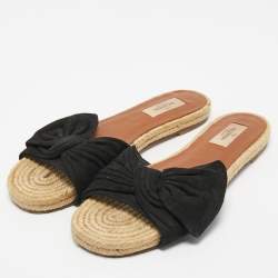 Pre Owned Valentino Black Suede Bow Slide Flats Size 39.5