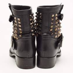 Pre Owned Valentino Black Leather Rockstud Ankle Boots Size 37