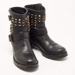 Pre Owned Valentino Black Leather Rockstud Ankle Boots Size 37