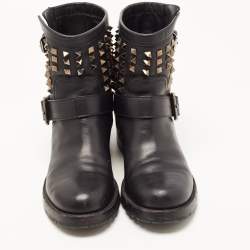 Pre Owned Valentino Black Leather Rockstud Ankle Boots Size 37