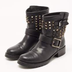 Pre Owned Valentino Black Leather Rockstud Ankle Boots Size 37