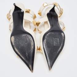 Pre Owned Valentino Cream Leather Roman Stud Ankle Strap Flats Sandals Size 38