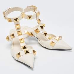 Pre Owned Valentino Cream Leather Roman Stud Ankle Strap Flats Sandals Size 38