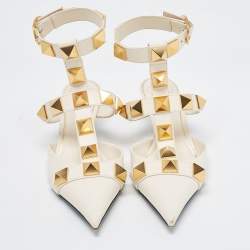 Pre Owned Valentino Cream Leather Roman Stud Ankle Strap Flats Sandals Size 38