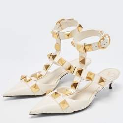 Pre Owned Valentino Cream Leather Roman Stud Ankle Strap Flats Sandals Size 38