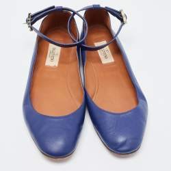 Pre Owned Valentino Blue Leather Tan-Go Ballet Flats Size 37.5