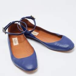 Pre Owned Valentino Blue Leather Tan-Go Ballet Flats Size 37.5