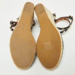 Pre Owned Valentino Black Leather Rockstud Ankle Strap Wedge Espadrille Sandals Size 38