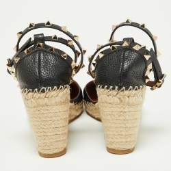 Pre Owned Valentino Black Leather Rockstud Ankle Strap Wedge Espadrille Sandals Size 38