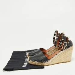 Pre Owned Valentino Black Leather Rockstud Ankle Strap Wedge Espadrille Sandals Size 38