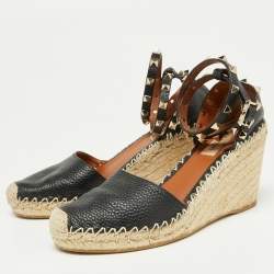 Pre Owned Valentino Black Leather Rockstud Ankle Strap Wedge Espadrille Sandals Size 38