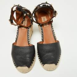 Pre Owned Valentino Black Leather Rockstud Ankle Strap Wedge Espadrille Sandals Size 38