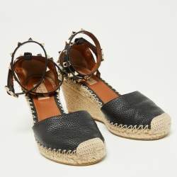 Pre Owned Valentino Black Leather Rockstud Ankle Strap Wedge Espadrille Sandals Size 38