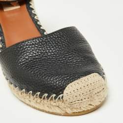 Pre Owned Valentino Black Leather Rockstud Ankle Strap Wedge Espadrille Sandals Size 38
