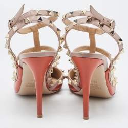 Pre Owned Valentino Orange/Beige  Leather Rockstud  Pumps Size 39.5