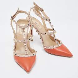Pre Owned Valentino Orange/Beige  Leather Rockstud  Pumps Size 39.5