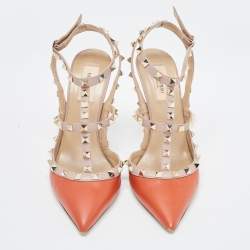Pre Owned Valentino Orange/Beige  Leather Rockstud  Pumps Size 39.5