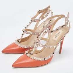 Pre Owned Valentino Orange/Beige  Leather Rockstud  Pumps Size 39.5