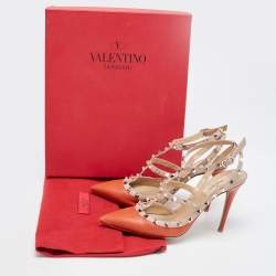 Pre Owned Valentino Orange/Beige  Leather Rockstud  Pumps Size 39.5