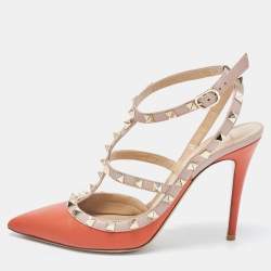 Pre Owned Valentino Orange/Beige  Leather Rockstud  Pumps Size 39.5