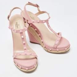 Pre Owned Valentino Pink Leather Rockstud  Wedge Sandals Size 40