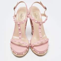 Pre Owned Valentino Pink Leather Rockstud  Wedge Sandals Size 40