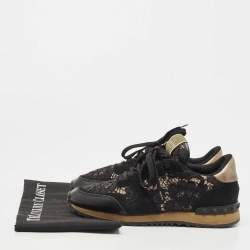 Pre Owned Valentino Black Leather and Suede Rockrunner Sneakers Size 37.5