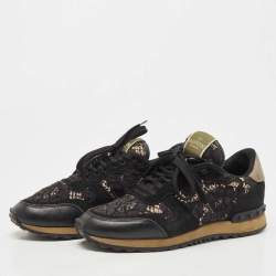 Pre Owned Valentino Black Leather and Suede Rockrunner Sneakers Size 37.5