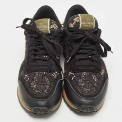 Pre Owned Valentino Black Leather and Suede Rockrunner Sneakers Size 37.5