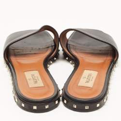 Pre Owned Valentino Black Leather Soul Rockstud  Flat Slides Size 36.5