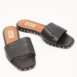 Pre Owned Valentino Black Leather Soul Rockstud  Flat Slides Size 36.5