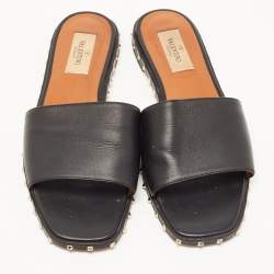 Pre Owned Valentino Black Leather Soul Rockstud  Flat Slides Size 36.5