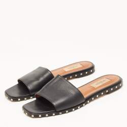 Pre Owned Valentino Black Leather Soul Rockstud  Flat Slides Size 36.5
