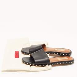 Pre Owned Valentino Black Leather Soul Rockstud  Flat Slides Size 36.5