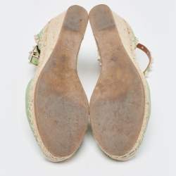 Pre Owned Valentino Green Leather Rockstud Ankle Wrap Wedge Espadrilles Size 38