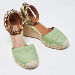 Pre Owned Valentino Green Leather Rockstud Ankle Wrap Wedge Espadrilles Size 38