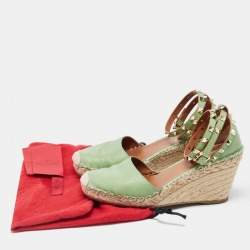 Pre Owned Valentino Green Leather Rockstud Ankle Wrap Wedge Espadrilles Size 38