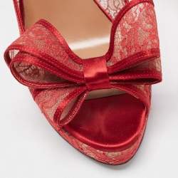 Pre Owned Valentino Red Satin and Lace Platform Peep Toe Pumps Size 39
