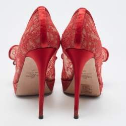 Pre Owned Valentino Red Satin and Lace Platform Peep Toe Pumps Size 39