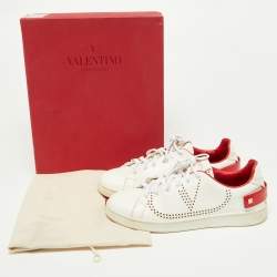 Pre Owned Valentino White/Red Leather Backnet VLOGO Sneakers Size 38.5