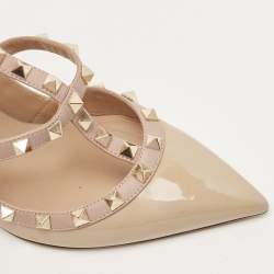 Pre Owned Valentino Beige Leather Rockstud Ankle Strap Pumps Size 40