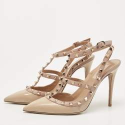 Pre Owned Valentino Beige Leather Rockstud Ankle Strap Pumps Size 40