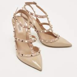 Pre Owned Valentino Beige Leather Rockstud Ankle Strap Pumps Size 40