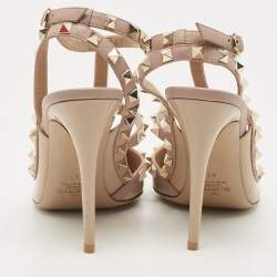 Pre Owned Valentino Beige Leather Rockstud Ankle Strap Pumps Size 40